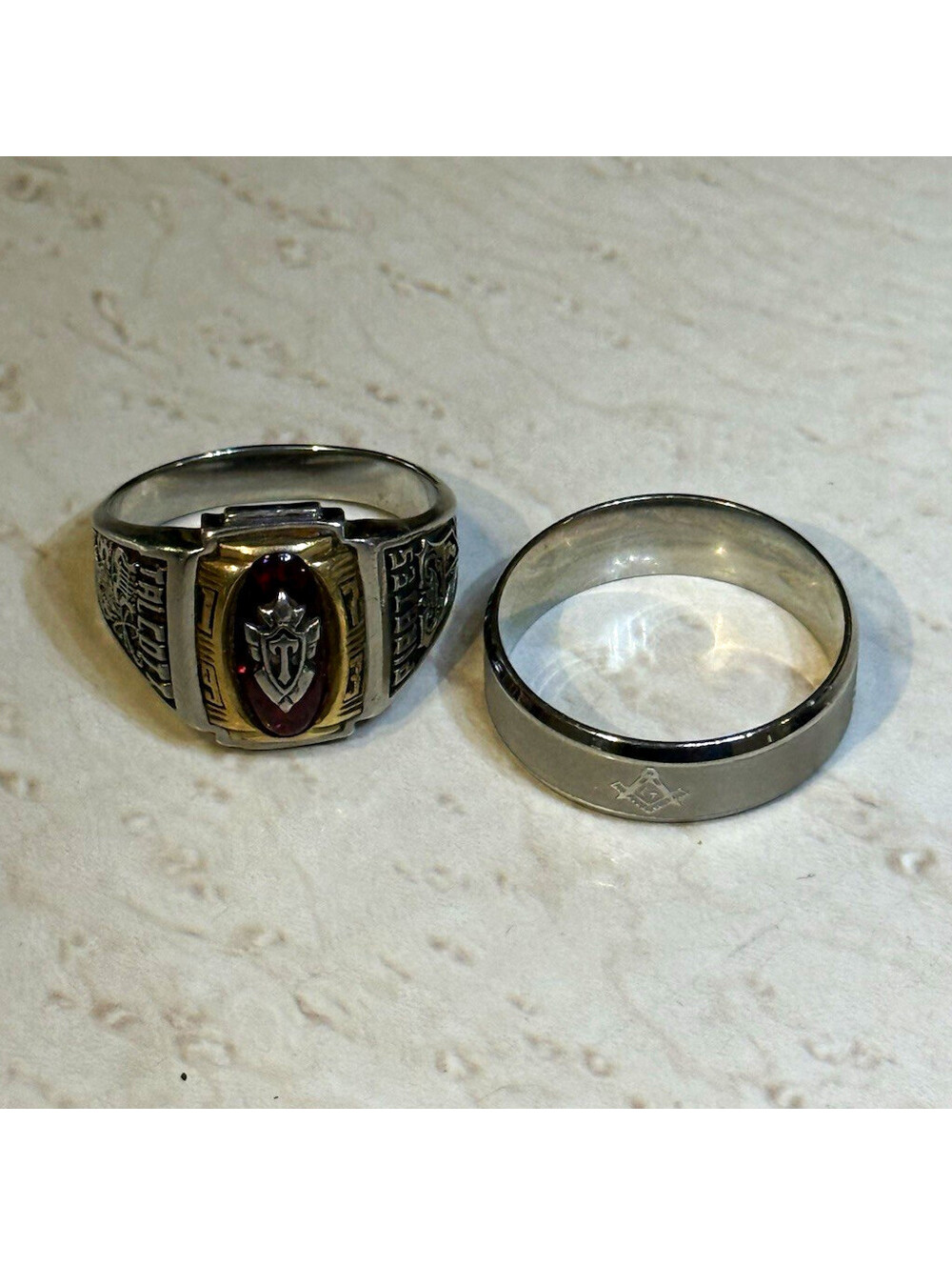 2pc Mens Ring Lot R Johns Valadium Talcott Pirates Class Ring Masonic Band